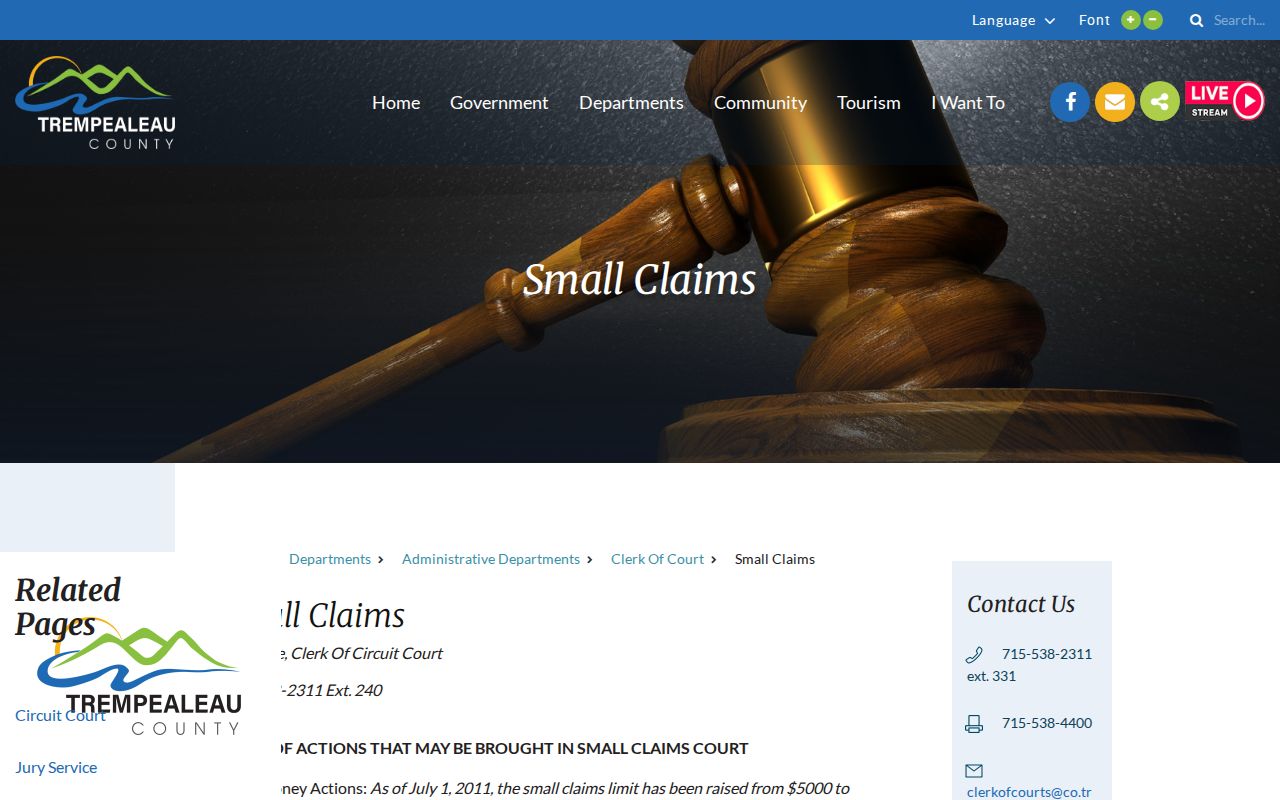 Whitehall and Trempealeau County court records with small claims return date instructions