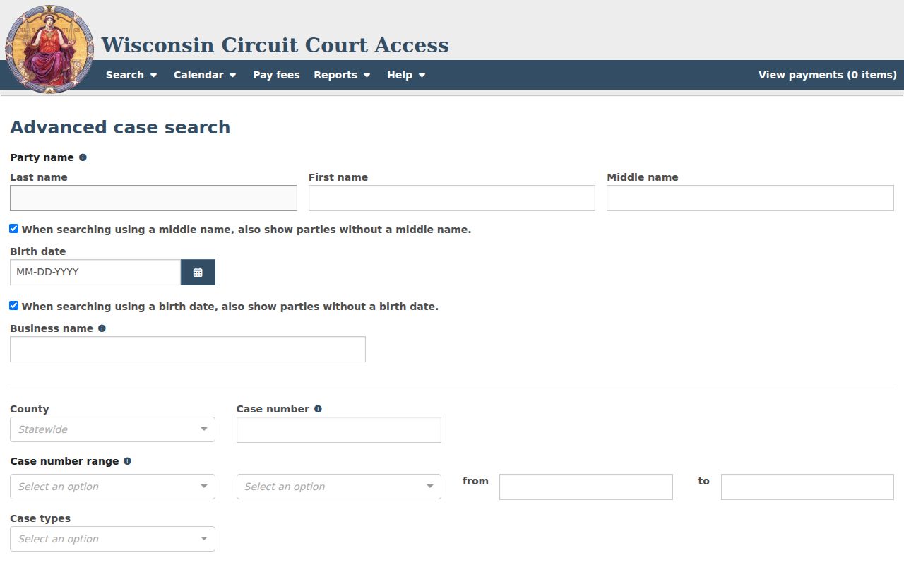 Advanced WCCA controls for Trempealeau County case and filing searches