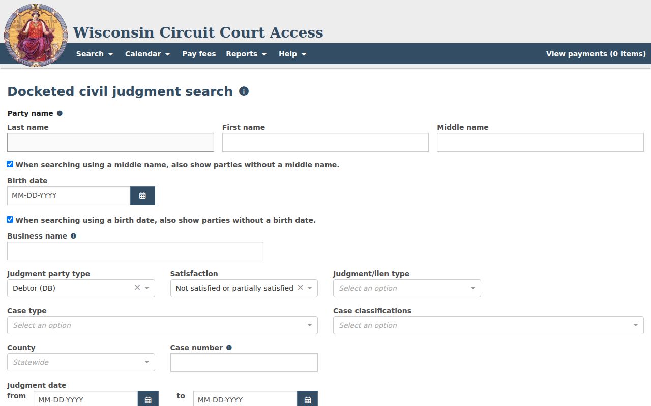 WCCA civil judgment search interface for Trempealeau County court records