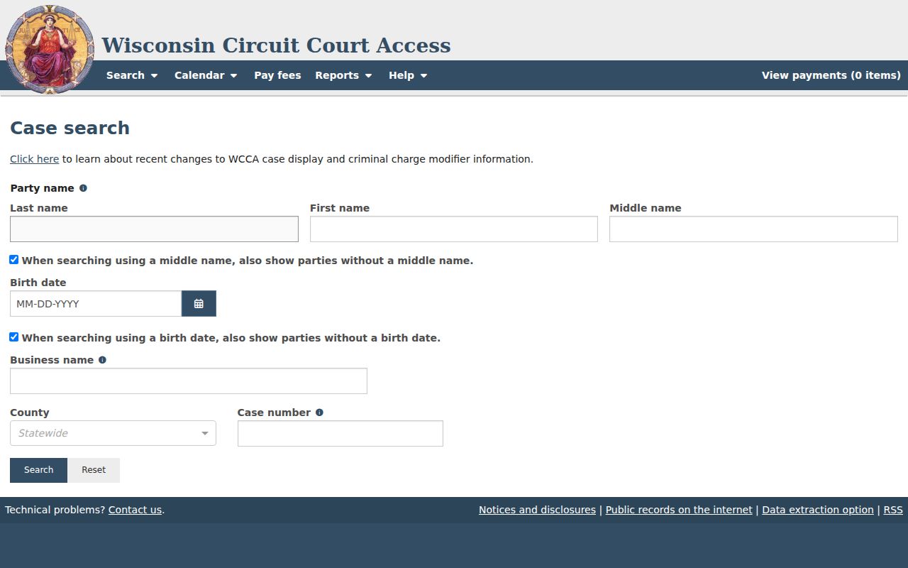 WCCA simple party and case search form used for Trempealeau County court dockets