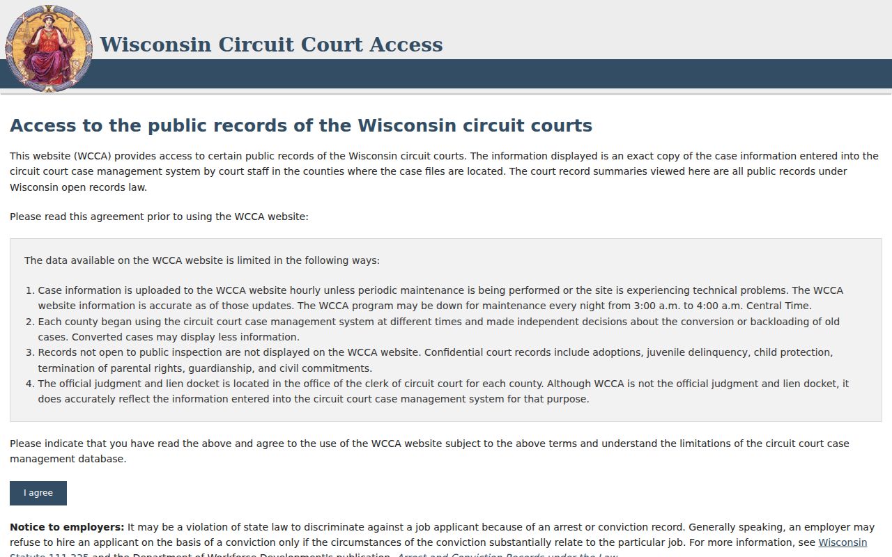 Wisconsin Circuit Court Access landing page for Trempealeau County public case information